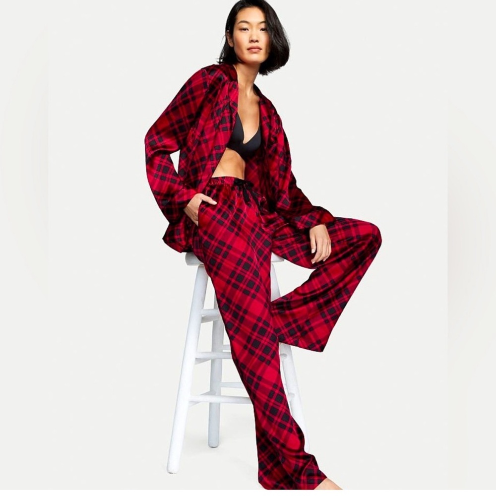 Victoria's Secret Red Plaid Satin Pajama Set